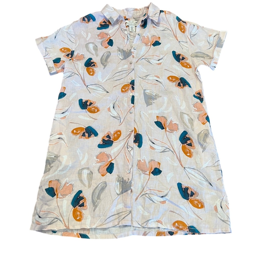 RACHEL ZOE Linen Floral Print Short Sleeve Button Front Shirt Dress XL